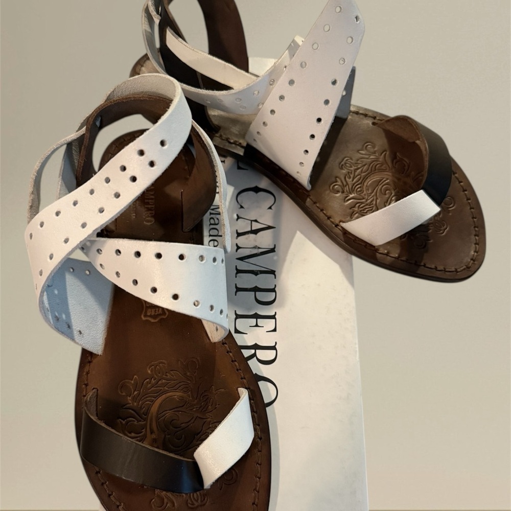 White & Brown Leather Sandals by El Campero handmade in Italy Size 6 Brand New!!